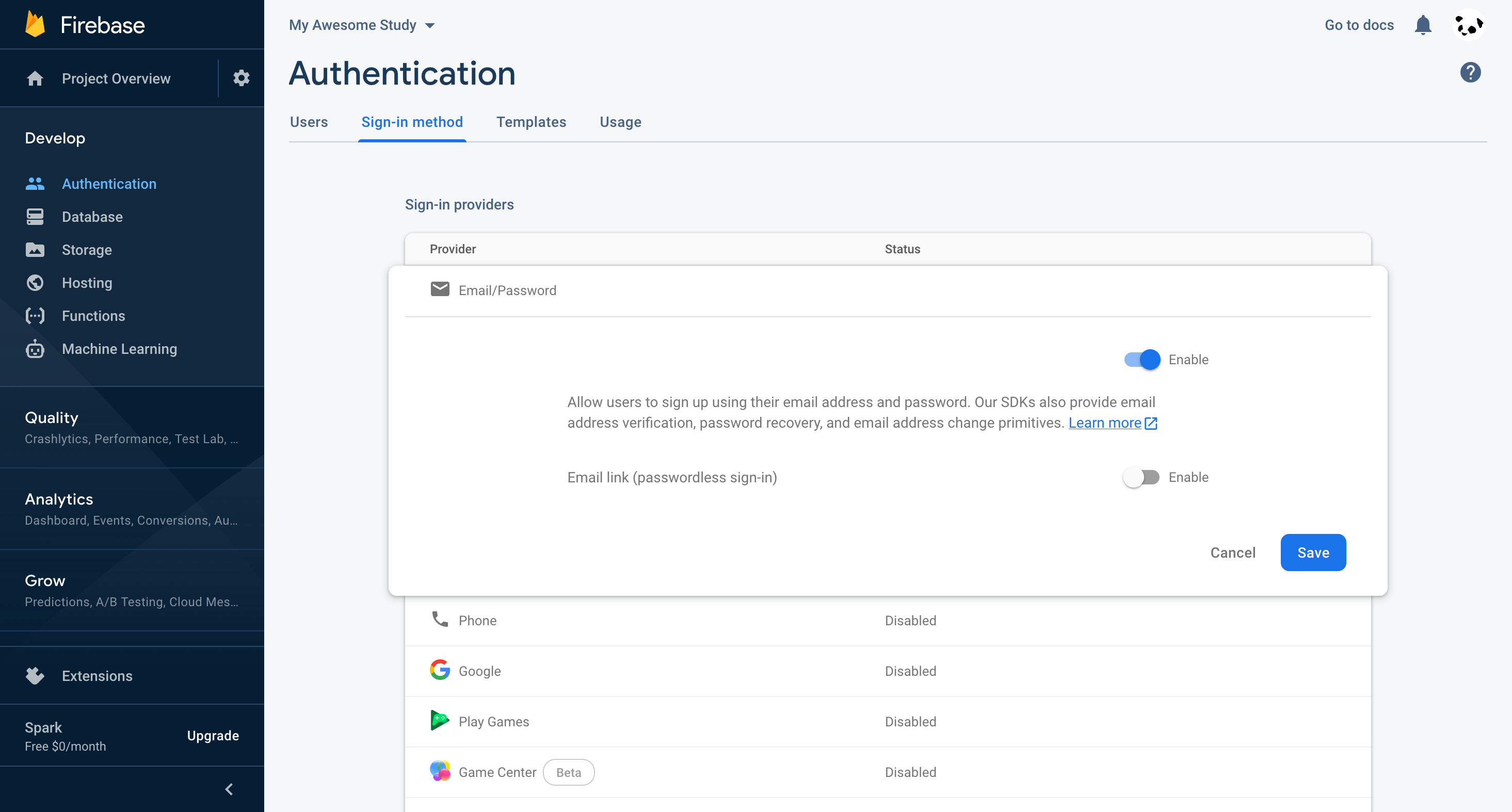 Firebase Auth - enabling Email/Password provider