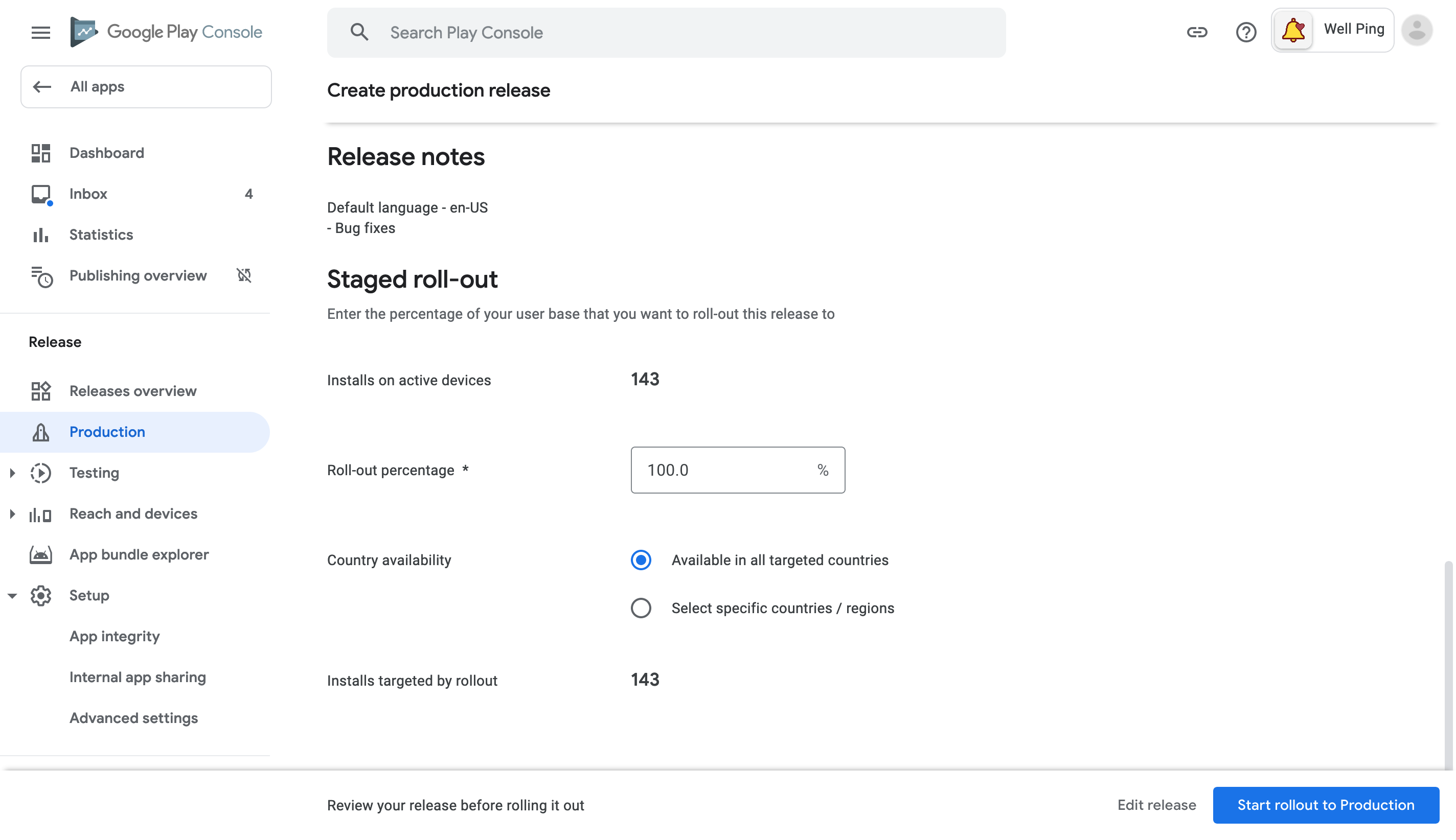 Clicking "Start rollout to Production"